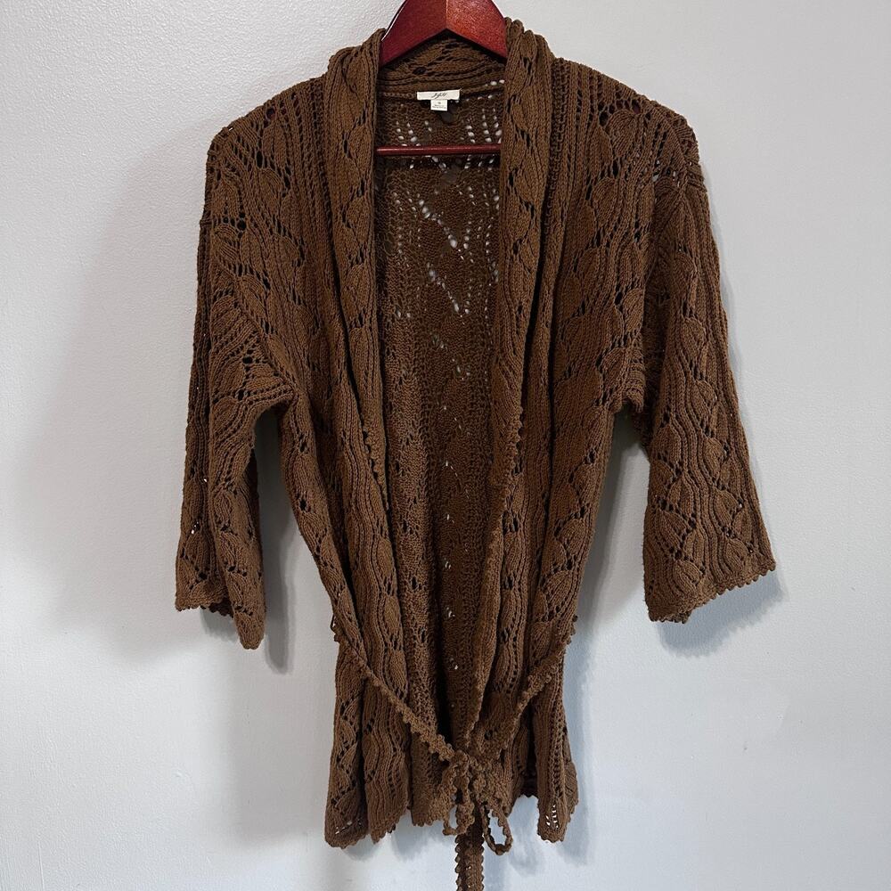 J. Jill Womens Cardigan Small Brown Open Knit Sweater Tie Boho 3/4 Sleeve